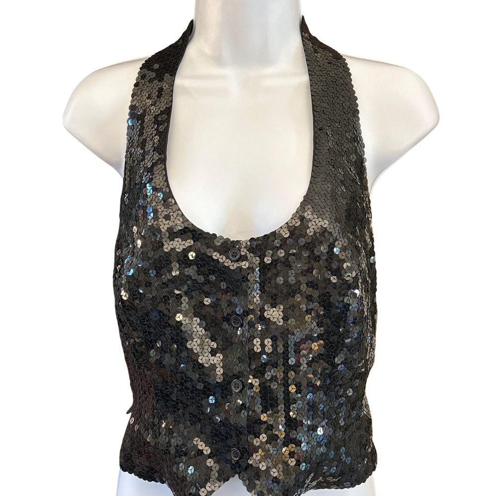 Y2K Victoria's Secret Gold Label Black Silk Sequin Halter Vest Top Special Event